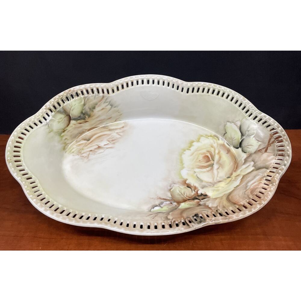 Antique Reticulated Schumann Germany Floral Oval Serving Bowl